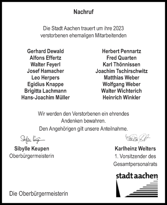 Traueranzeige von Die Stadt Aachen trauert um ihre 2023 verstorbenen ehemaligen Mitarbeitenden  von Aachener Zeitung