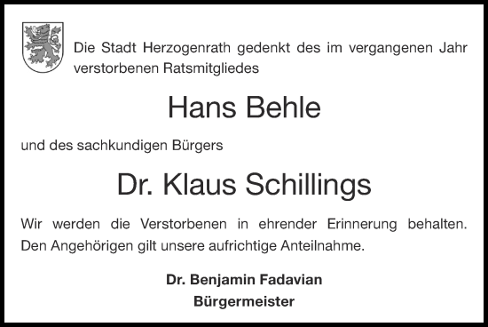 Traueranzeige von Die Stadt Herzogenrath gedenkt des im vergangenen Jahr verstorbenen Ratsmitgliedes und des sachkundigen Bürgers  von Zeitung am Sonntag