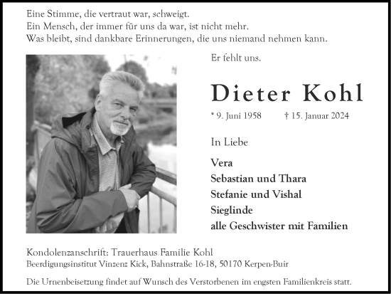 Traueranzeige von Dieter Kohl von Zeitung am Sonntag