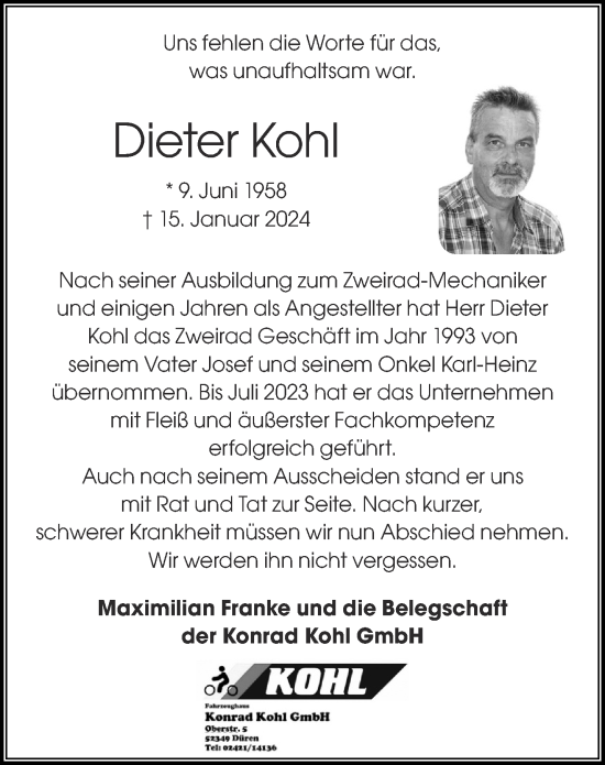 Traueranzeige von Dieter Kohl von Aachener Zeitung