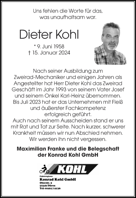 Traueranzeige von Dieter Kohl von Zeitung am Sonntag