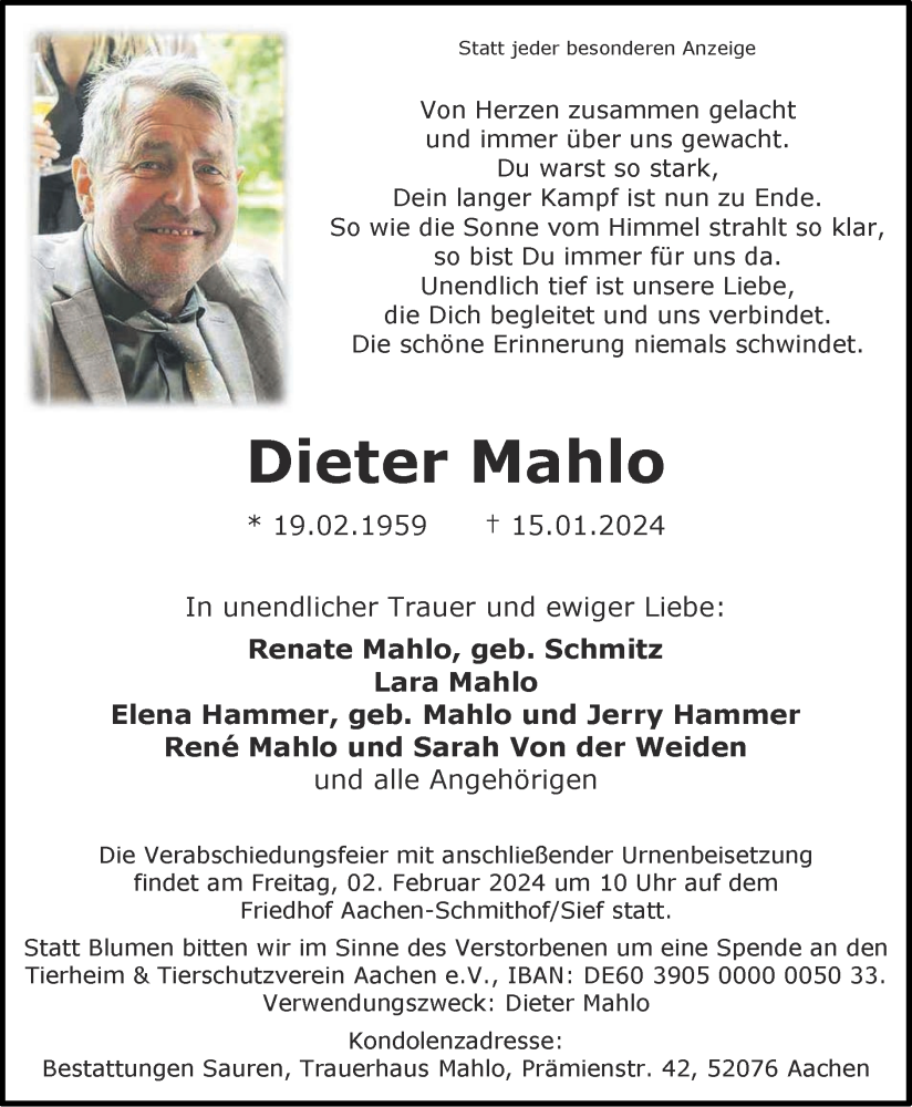  Traueranzeige für Dieter Mahlo vom 28.01.2024 aus Zeitung am Sonntag