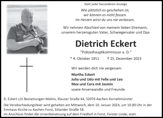 Traueranzeige von Dietrich Eckert von Aachener Zeitung