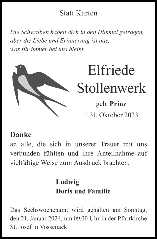 Traueranzeige von Elfriede Stollenwerk von Zeitung am Sonntag