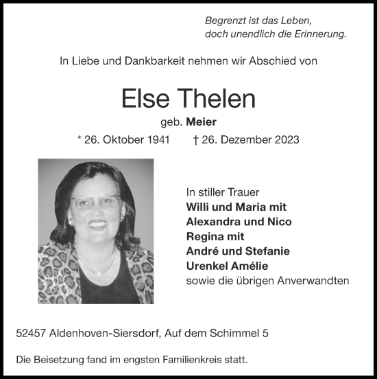 Traueranzeige von Else Thelen von Zeitung am Sonntag