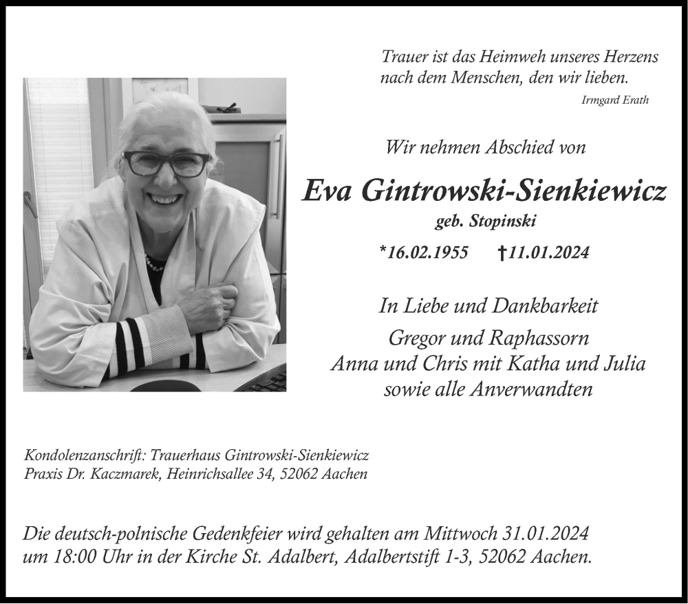  Traueranzeige für Eva Gintrowski-Sienkiewicz vom 28.01.2024 aus Zeitung am Sonntag