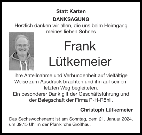 Traueranzeige von Frank Lütkemeier von Zeitung am Sonntag