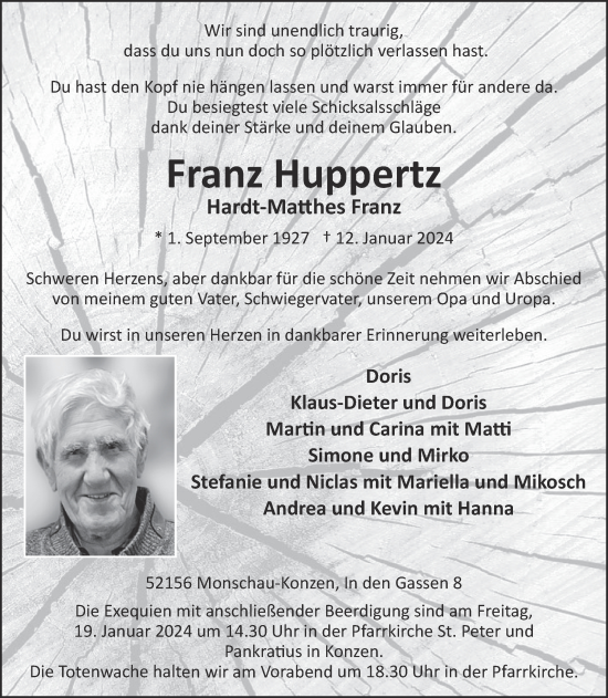 Traueranzeige von Franz Huppertz von Aachener Zeitung