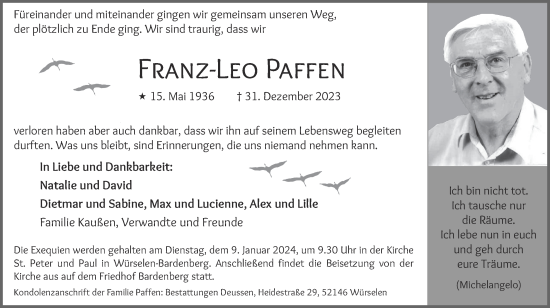 Traueranzeige von Franz-Leo Paffen von Zeitung am Sonntag