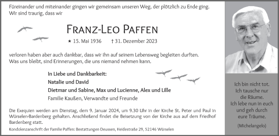 Traueranzeige von Franz-Leo Paffen von Aachener Zeitung