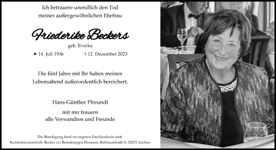 Traueranzeige von Friederike Beckers von Aachener Zeitung