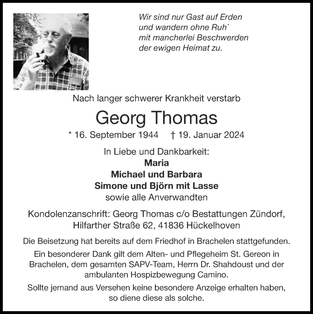  Traueranzeige für Georg Thomas vom 28.01.2024 aus Zeitung am Sonntag