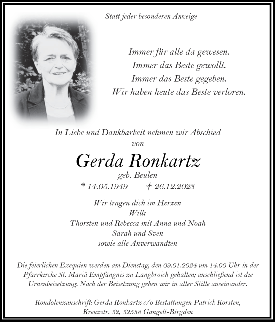 Traueranzeige von Gerda Ronkartz von Zeitung am Sonntag