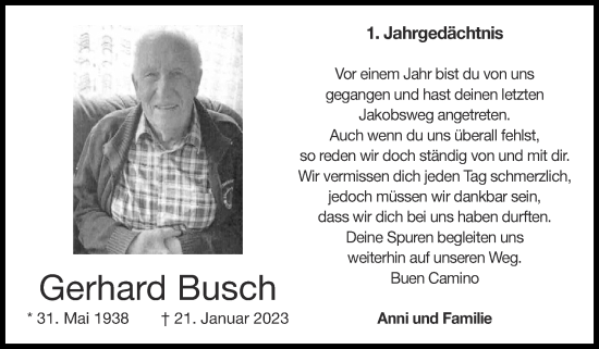 Traueranzeige von Gerhard Busch von Zeitung am Sonntag