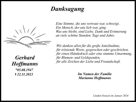 Traueranzeige von Gerhard Hoffmanns von Zeitung am Sonntag