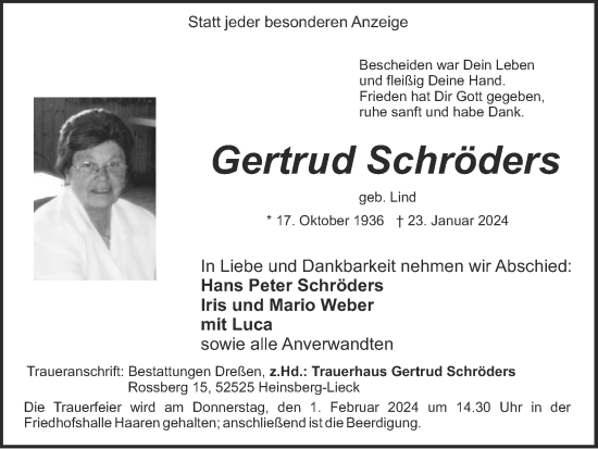 Traueranzeige von Gertrud Schröders von Zeitung am Sonntag