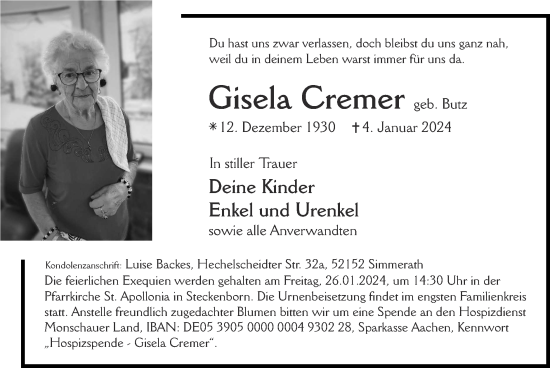 Traueranzeige von Gisela Cremer von Zeitung am Sonntag
