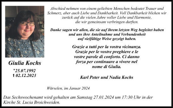 Traueranzeige von Giulia Kochs von Zeitung am Sonntag