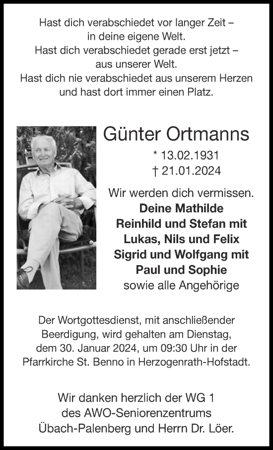 Traueranzeige von Günter Ortmanns von Zeitung am Sonntag