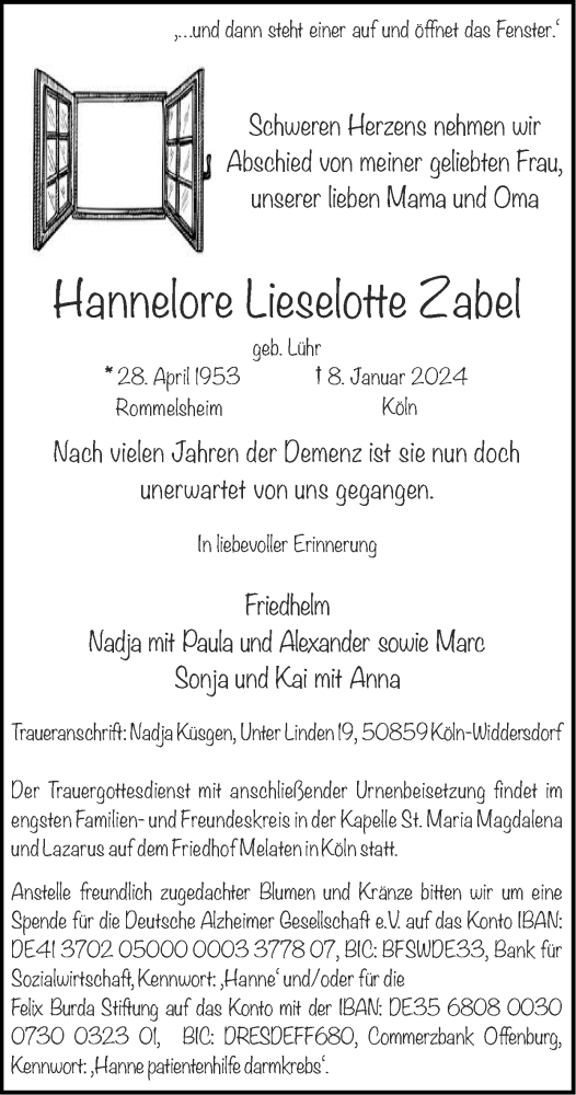 Traueranzeige von Hannelore Lieselotte Zabel von Zeitung am Sonntag