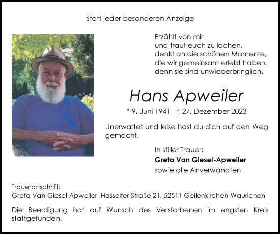 Traueranzeige von Hans Apweiler von Zeitung am Sonntag