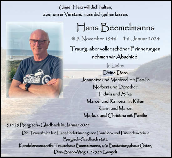 Traueranzeige von Hans Beemelmanns von Zeitung am Sonntag