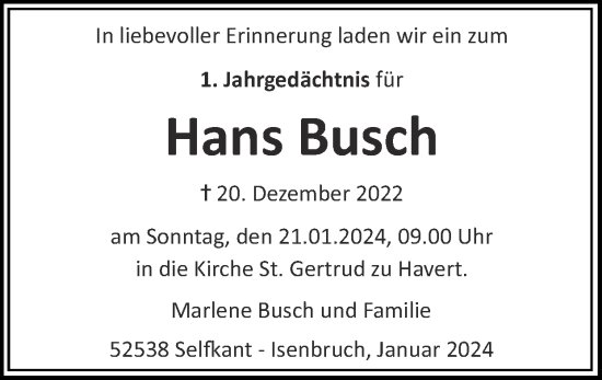 Traueranzeige von Hans Busch von Zeitung am Sonntag