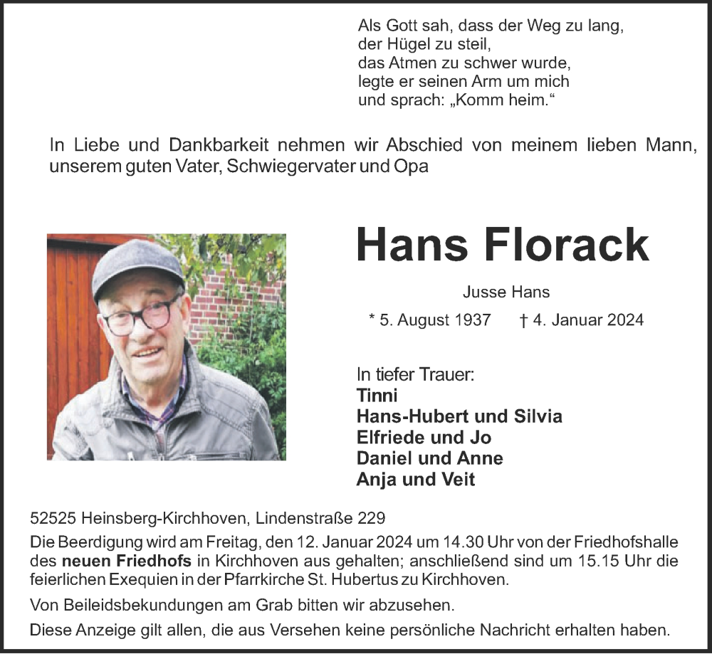  Traueranzeige für Hans Florack vom 07.01.2024 aus Zeitung am Sonntag