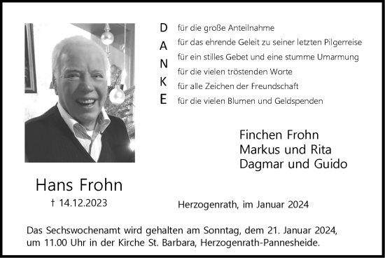 Traueranzeige von Hans Frohn von Zeitung am Sonntag