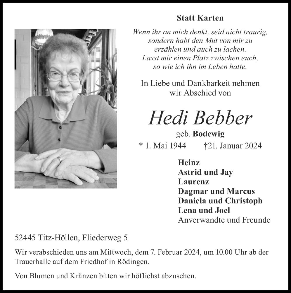  Traueranzeige für Hedi Bebber vom 28.01.2024 aus Zeitung am Sonntag