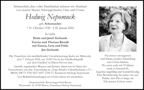 Traueranzeige von Hedwig Nepomuck von Aachener Zeitung
