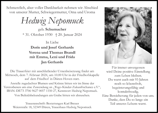 Traueranzeige von Hedwig Nepomuck von Zeitung am Sonntag