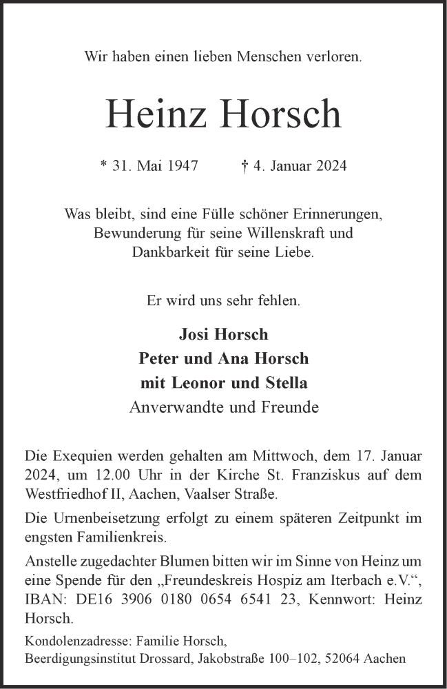  Traueranzeige für Heinz Horsch vom 13.01.2024 aus Aachener Zeitung