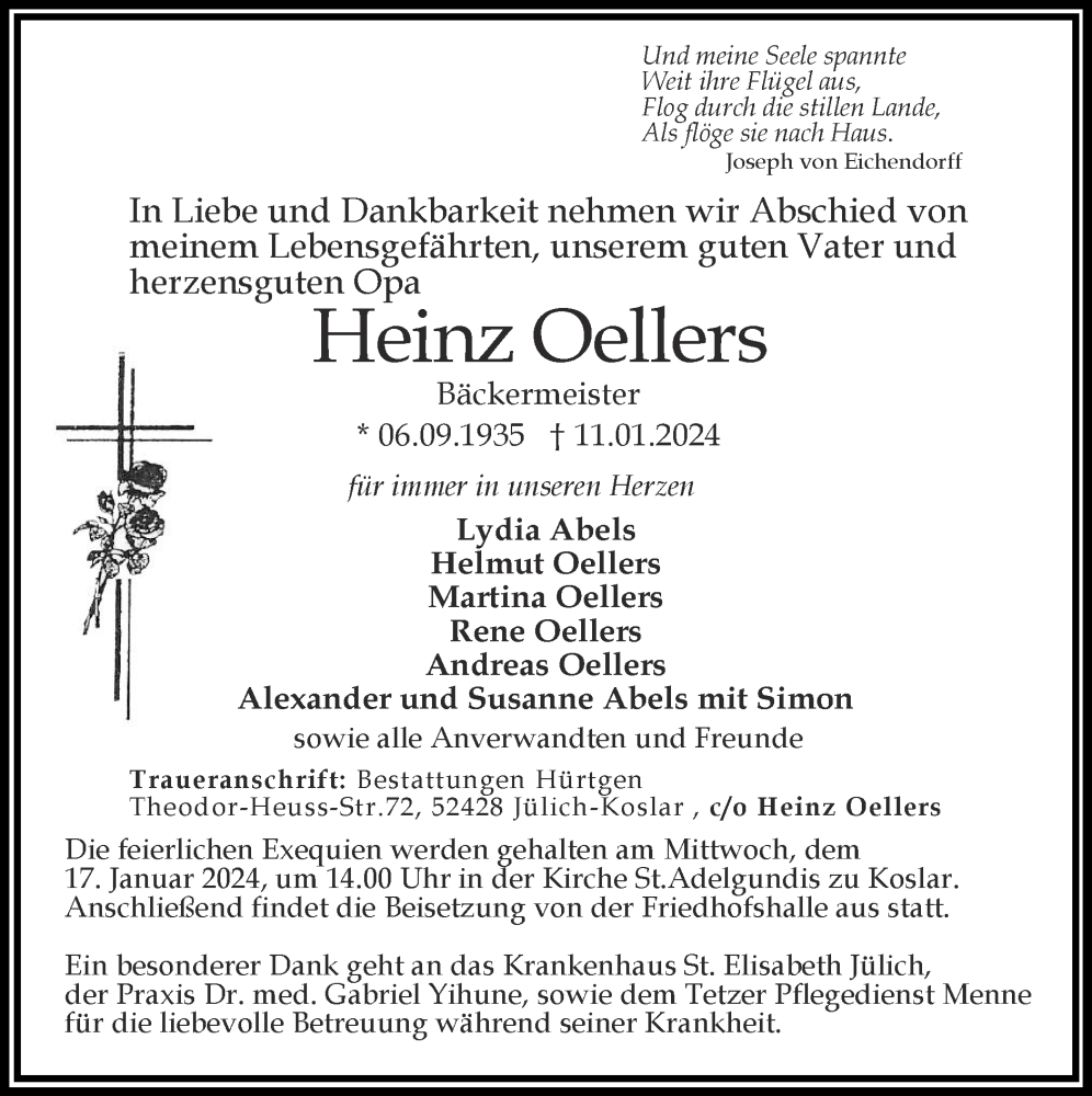  Traueranzeige für Heinz Oellers vom 14.01.2024 aus Zeitung am Sonntag