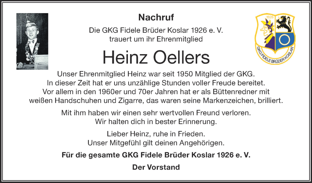  Traueranzeige für Heinz Oellers vom 21.01.2024 aus Zeitung am Sonntag