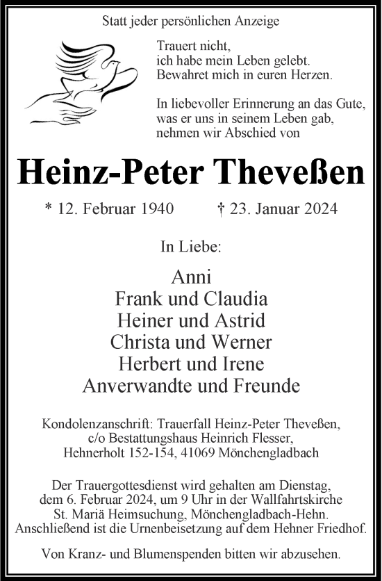 Traueranzeige von Heinz-Peter Theveßen von Zeitung am Sonntag