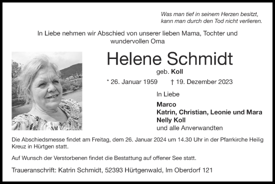 Traueranzeige von Helene Schmidt von Zeitung am Sonntag