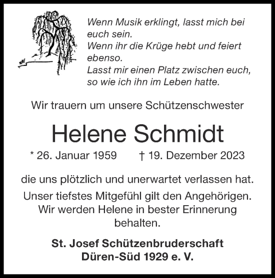 Traueranzeige von Helene Schmidt von Zeitung am Sonntag