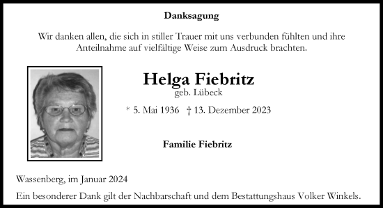 Traueranzeige von Helga Fiebritz von Zeitung am Sonntag