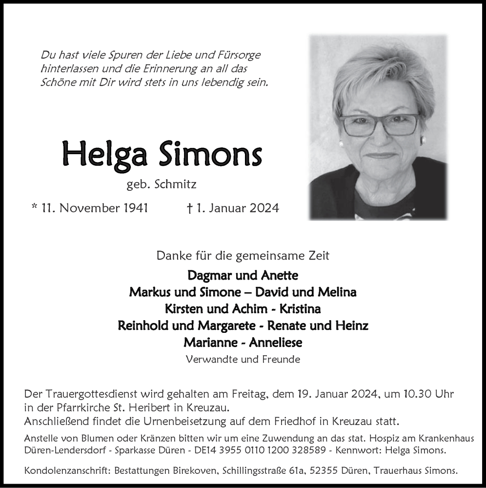 Traueranzeige für Helga Simons vom 14.01.2024 aus Zeitung am Sonntag