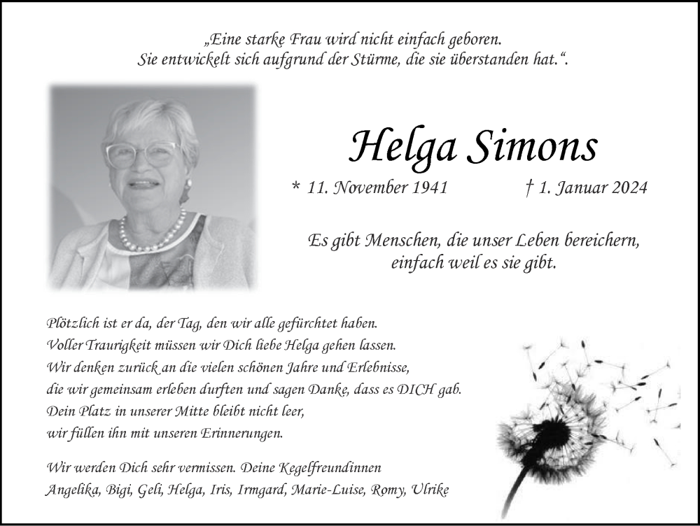 Traueranzeige für Helga Simons vom 14.01.2024 aus Zeitung am Sonntag