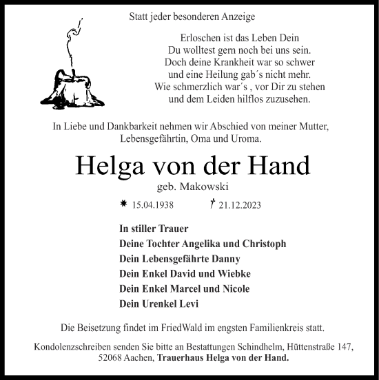 Traueranzeige von Helga von der Hand von Zeitung am Sonntag