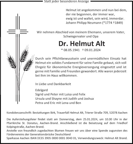 Traueranzeige von Helmut Alt von Zeitung am Sonntag