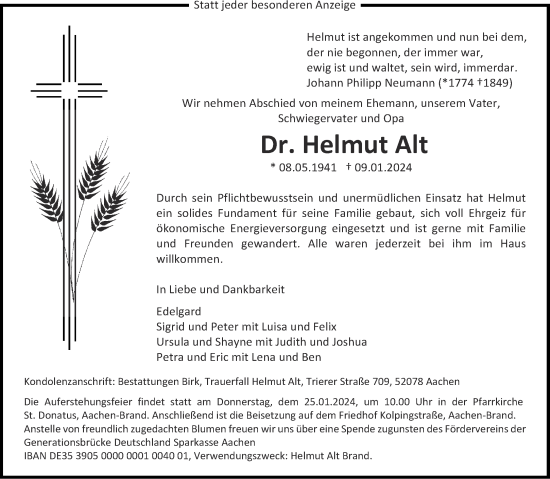 Traueranzeige von Helmut Alt von Aachener Zeitung