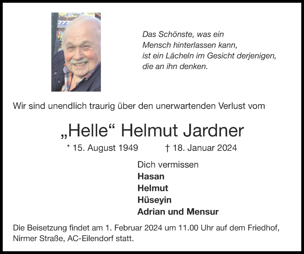  Traueranzeige für Helmut Jardner vom 28.01.2024 aus Zeitung am Sonntag