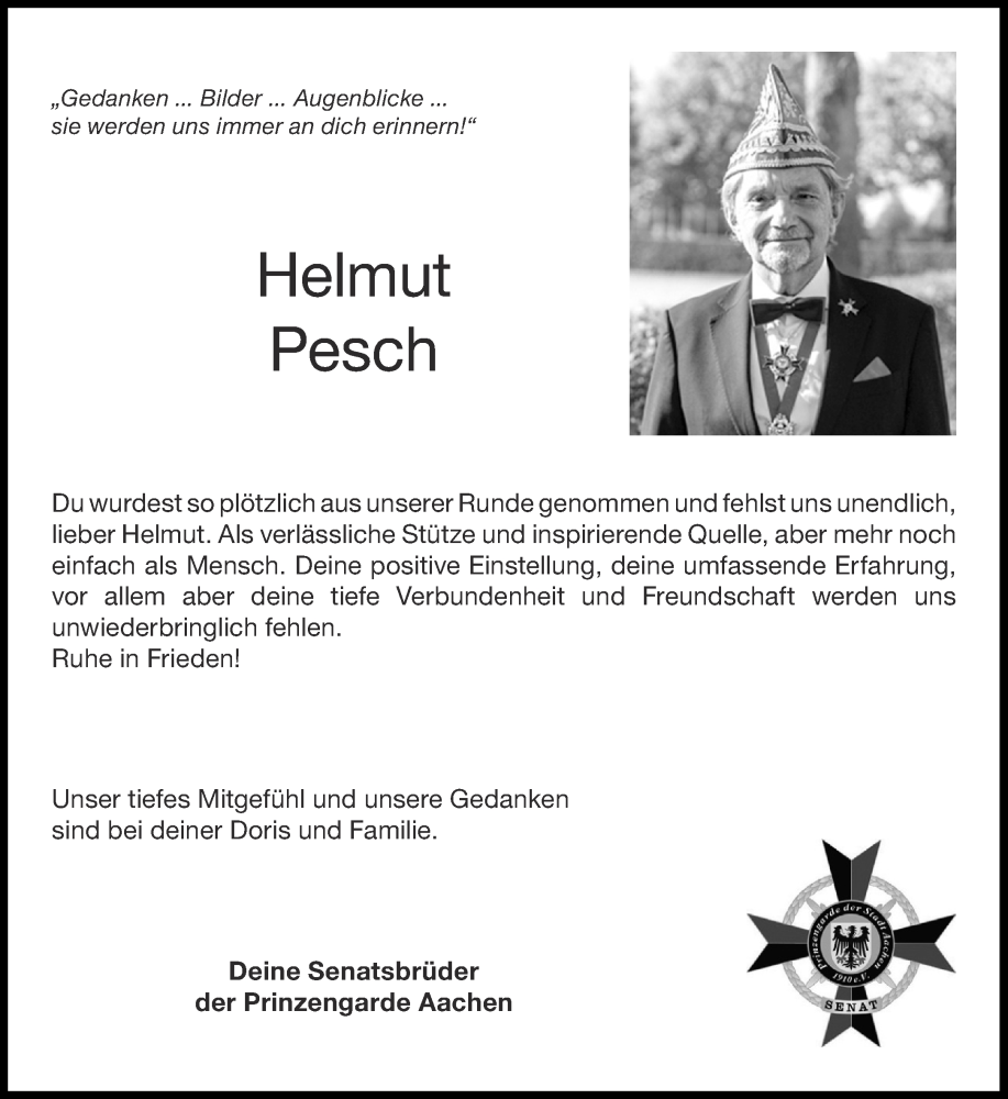  Traueranzeige für Helmut Pesch vom 20.01.2024 aus Aachener Zeitung