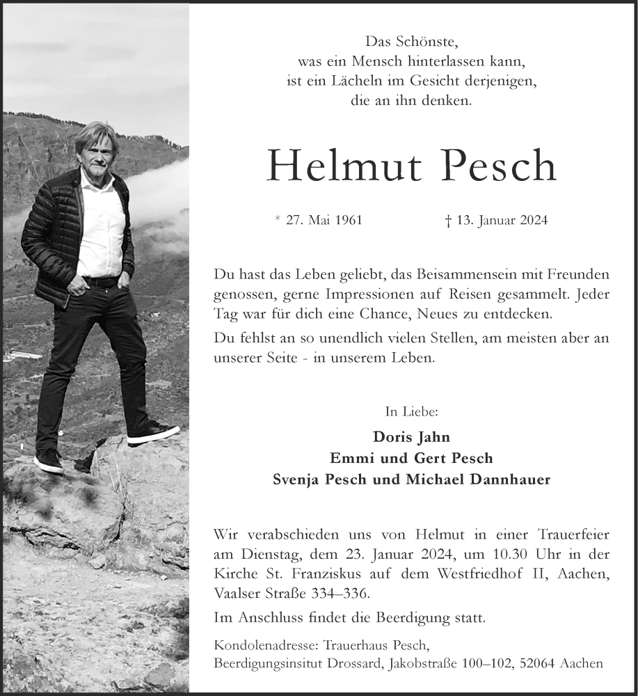  Traueranzeige für Helmut Pesch vom 20.01.2024 aus Aachener Zeitung