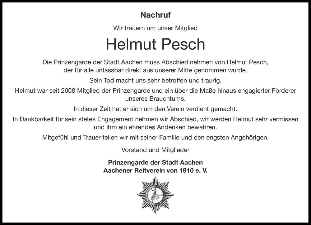  Traueranzeige für Helmut Pesch vom 20.01.2024 aus Aachener Zeitung