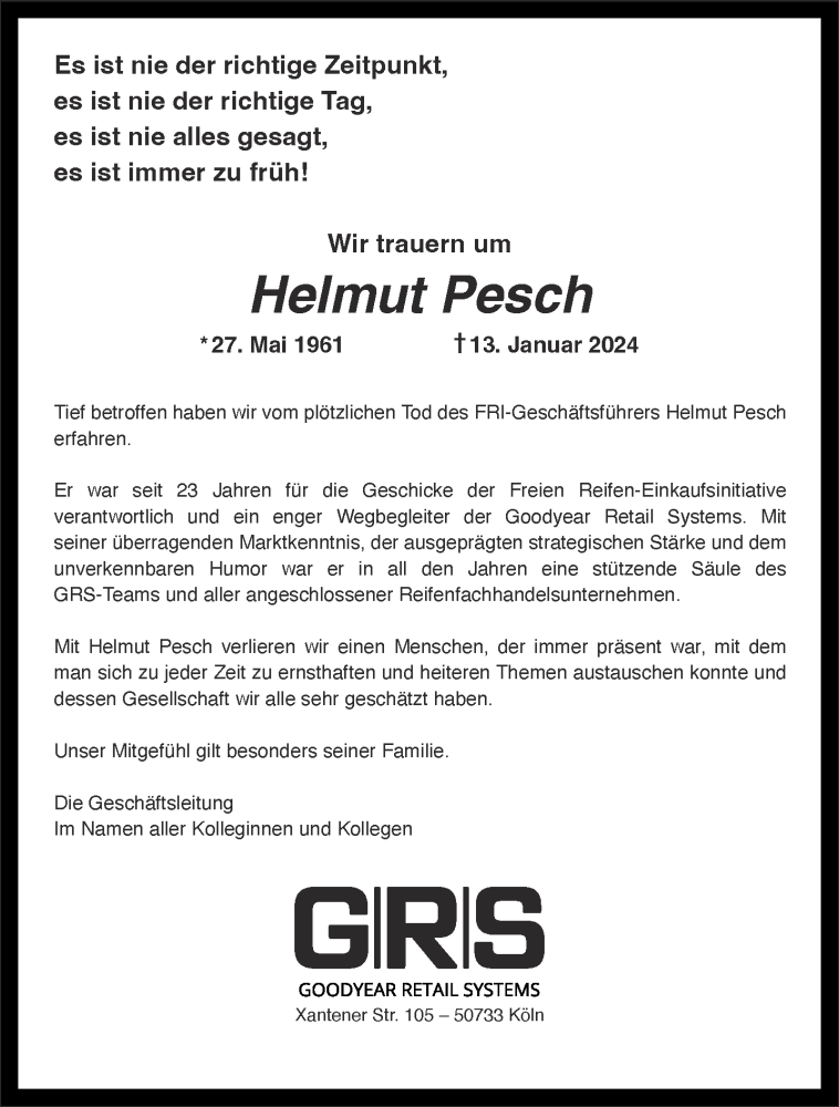  Traueranzeige für Helmut Pesch vom 20.01.2024 aus Aachener Zeitung