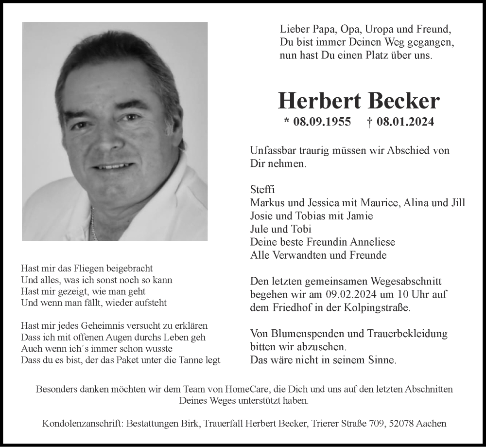  Traueranzeige für Herbert Becker vom 28.01.2024 aus Zeitung am Sonntag